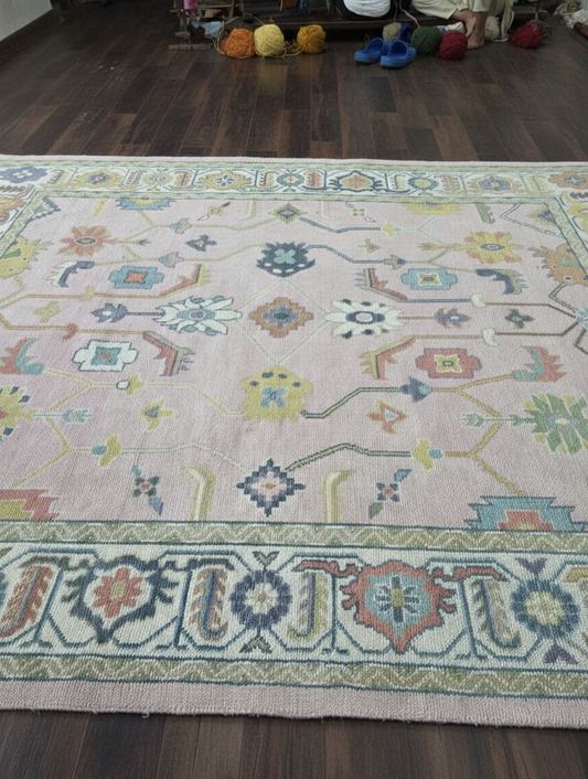 Blush Pink & Ivory Vintage Oushak Area Rug | 9x12 10x14 ft Hand-Knotted Wool | Living Room Dining Room