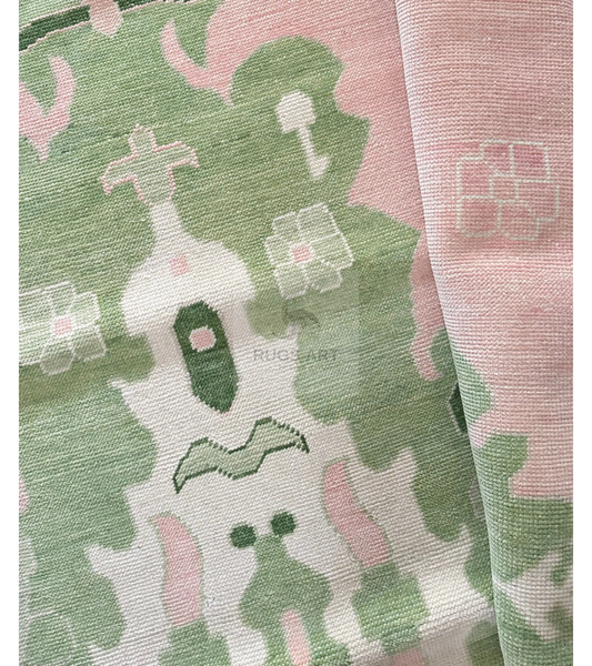 Handmade Pink Green Oushak Rug – Pastel Turkish Wool Area Carpet | Modern Floral Vintage Design for Living Room & Bedroom Décor