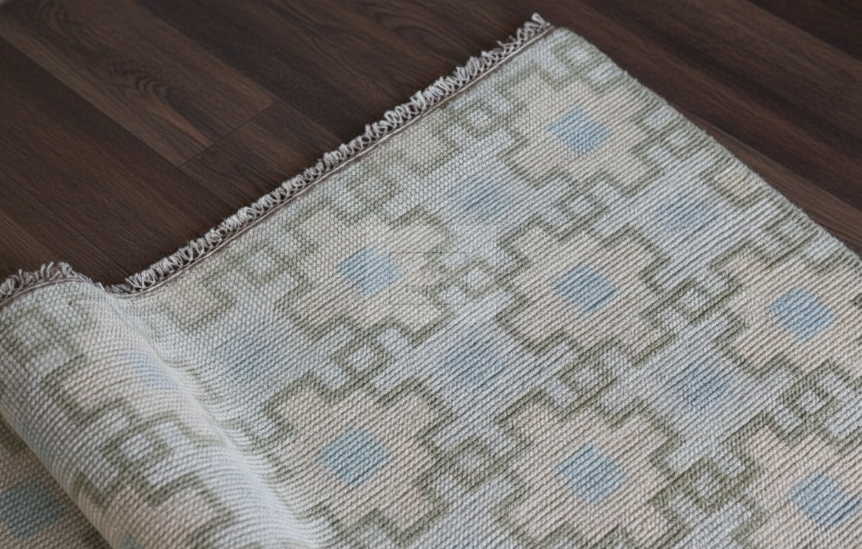 Ivory & Sage Hand-Knotted Wool Oushak Rug | Geometric Anatolian Area Rug for Bedroom