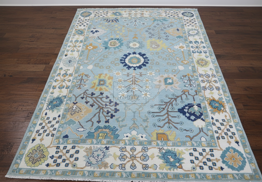 Sky Blue & Ivory Hand-Knotted Wool Oushak Rug | Floral Botanical Anatolian Area Rug for Living Room