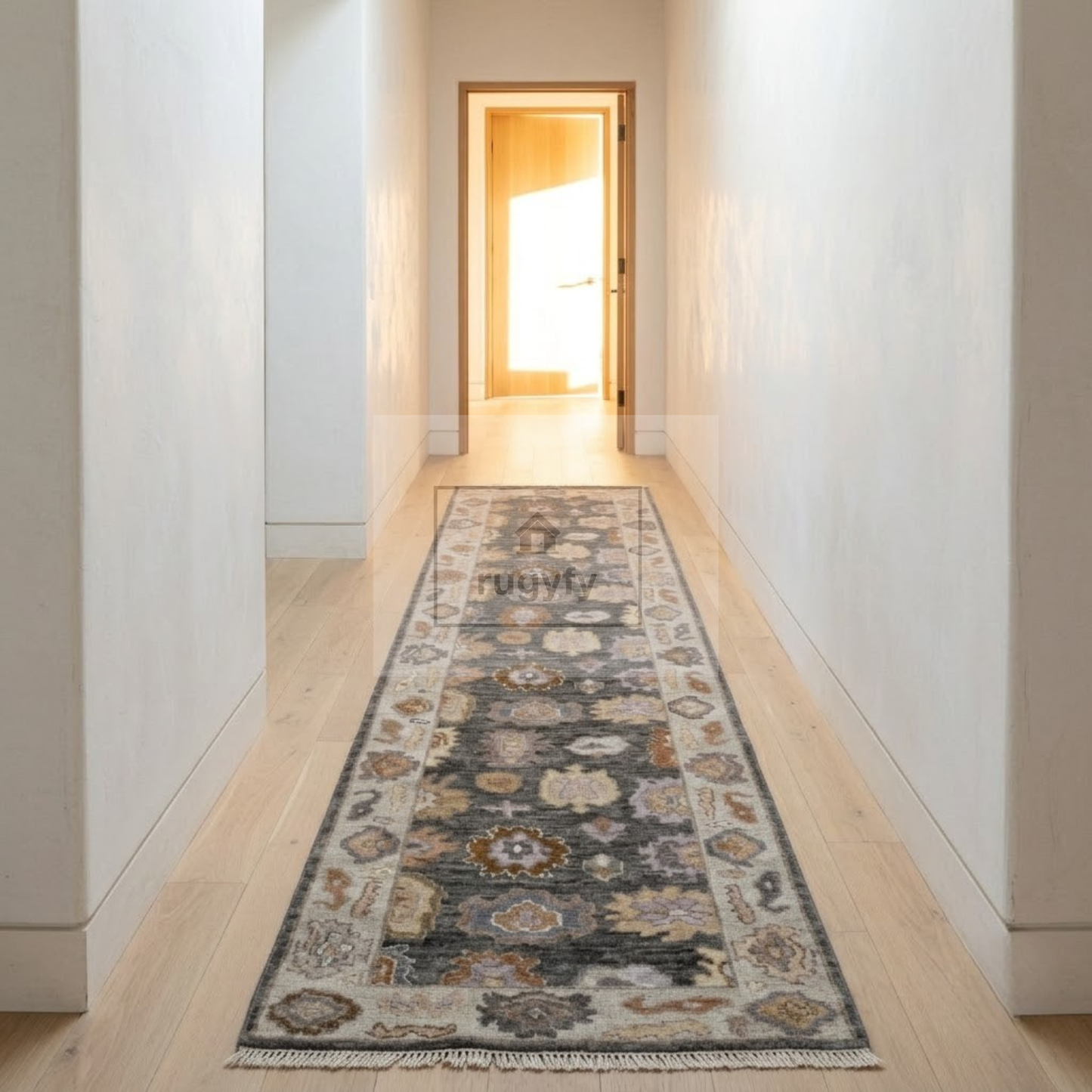 Charcoal & Ivory Oushak Rug | 2.5x12 & 3x14 ft | Hand-Knotted Wool Floral | Living Room & Dining Room