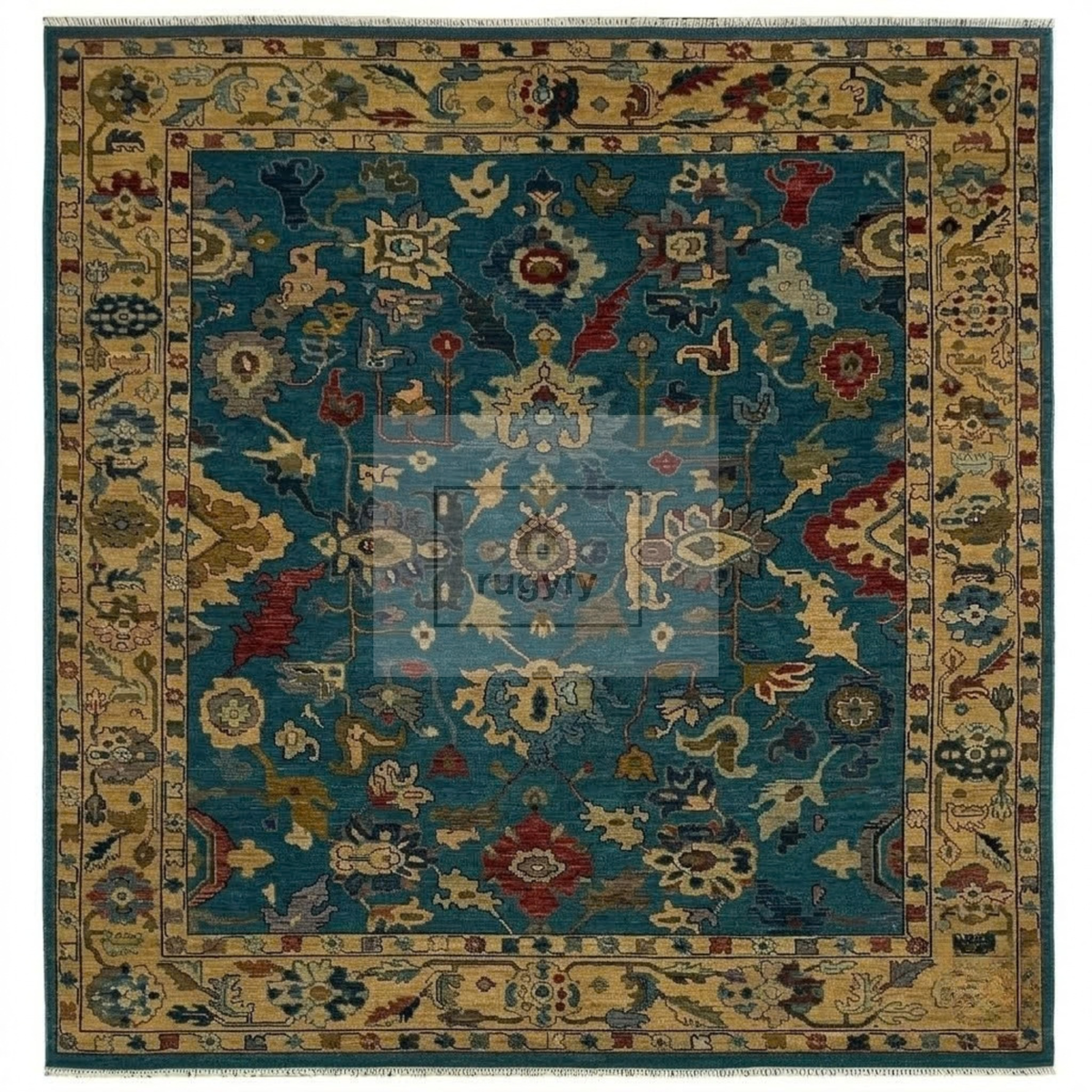 Teal & Gold Oushak Wool Rug | 6x9 8x10 ft Hand-Knotted | Bedroom Living Room Area Rug
