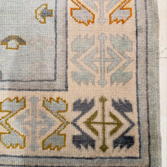 Handmade Oushak Wool Rug – Light Blue Turkish Geometric Area Carpet | Vintage Modern Design for Living Room, Bedroom & Home Décor