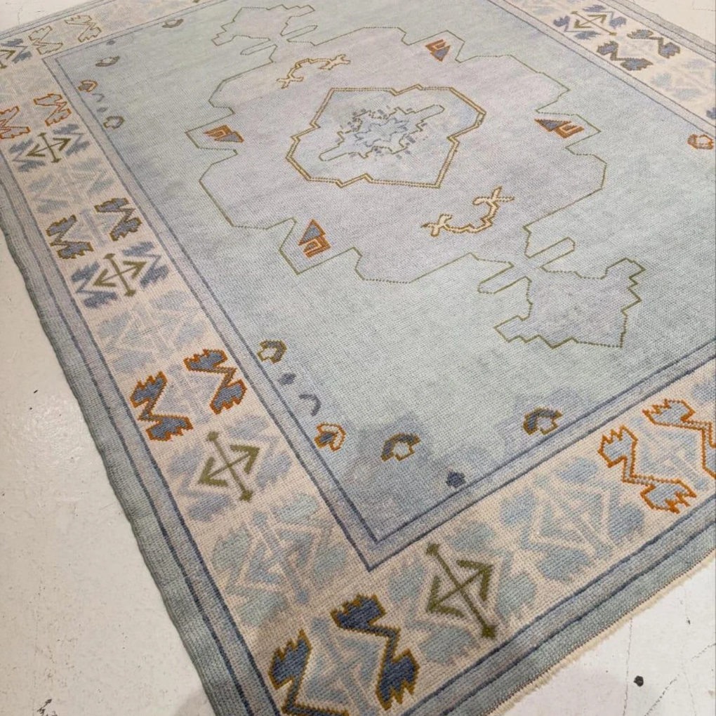 Handmade Oushak Wool Rug – Light Blue Turkish Geometric Area Carpet | Vintage Modern Design for Living Room, Bedroom & Home Décor