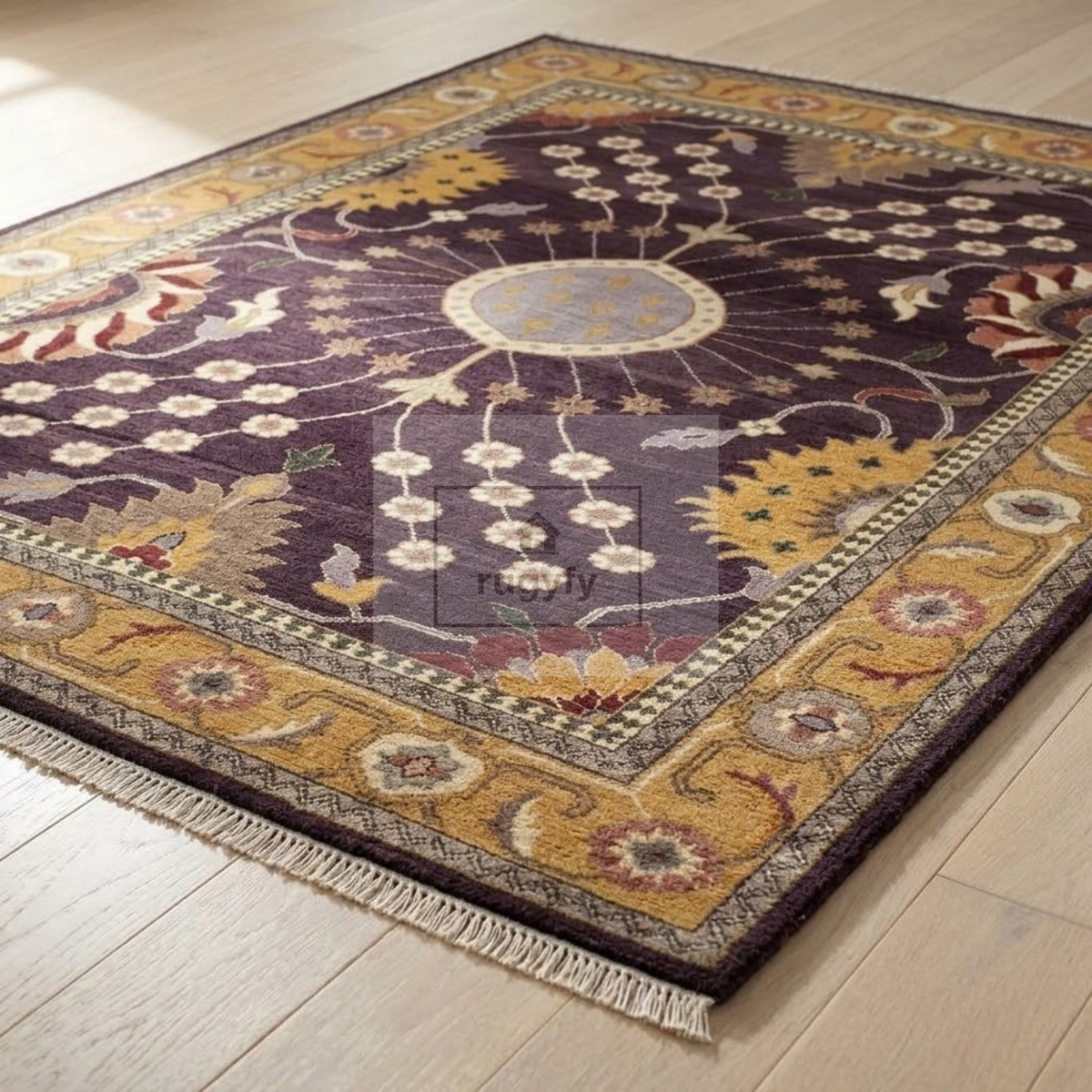 Dark Plum & Gold Turkish Oushak Rug | 5x8 8x10 ft Hand-Knotted New Zealand Wool | Living Room Bedroom Rug