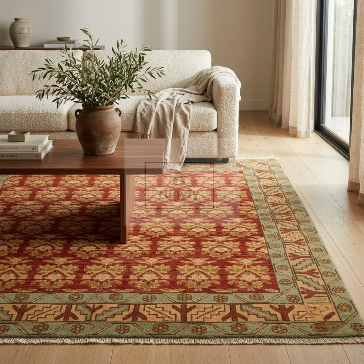 Terracotta Red & Gold Oushak Area Rug | 8x10 9x12 ft Hand-Knotted New Zealand Wool | Burgundy Tribal Turkish Living Room Rug