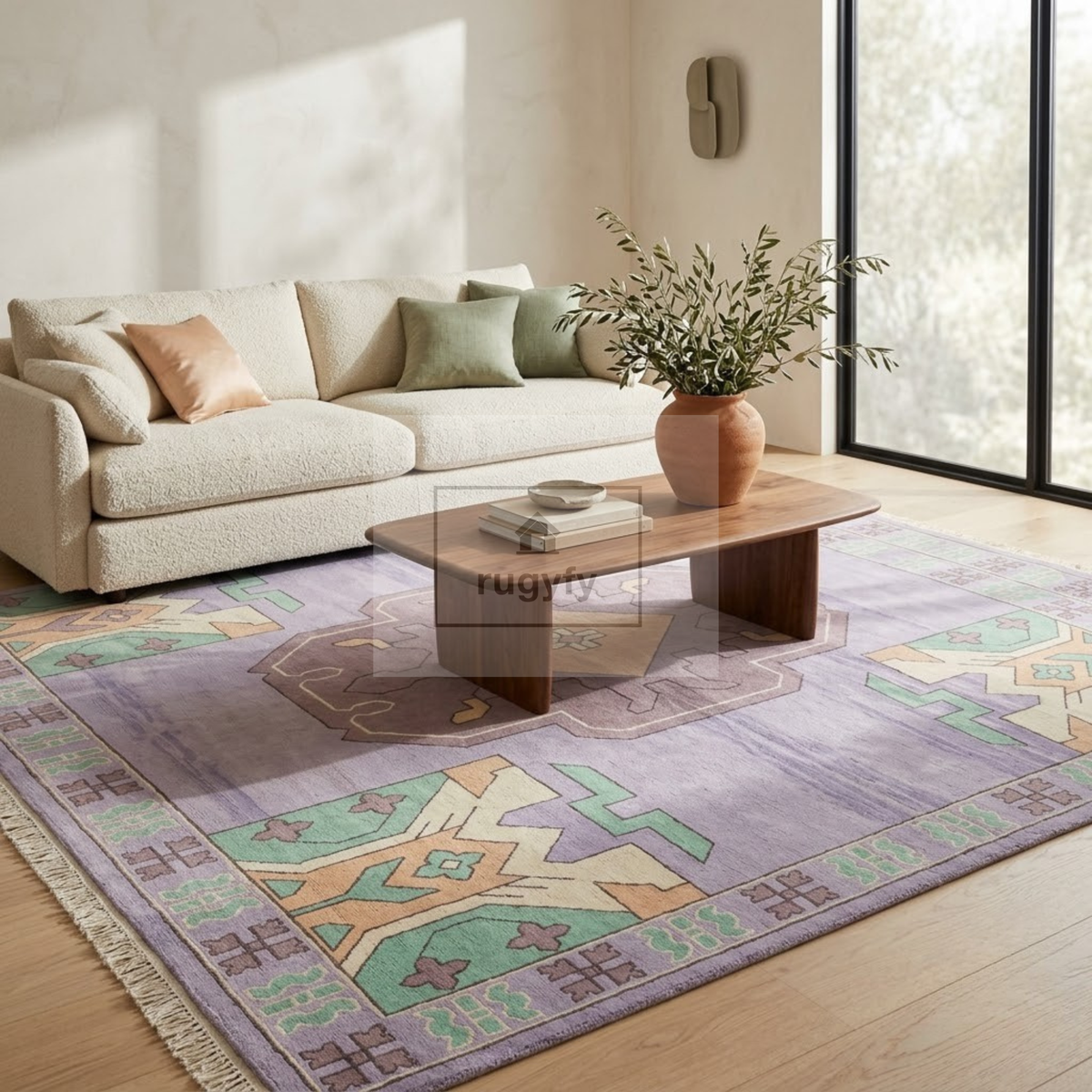 Lavender & Mint Kazak Rug | Hand-Knotted Geometric Medallion Wool Rug | Bedroom & Nursery 8x10
