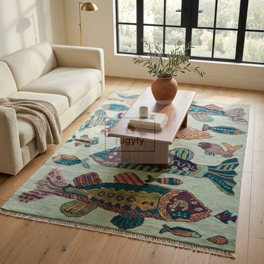 Mint Green & Teal Vintage Oushak Area Rug | 9x12 10x14 ft Hand-Knotted Wool | Living Room Dining Room