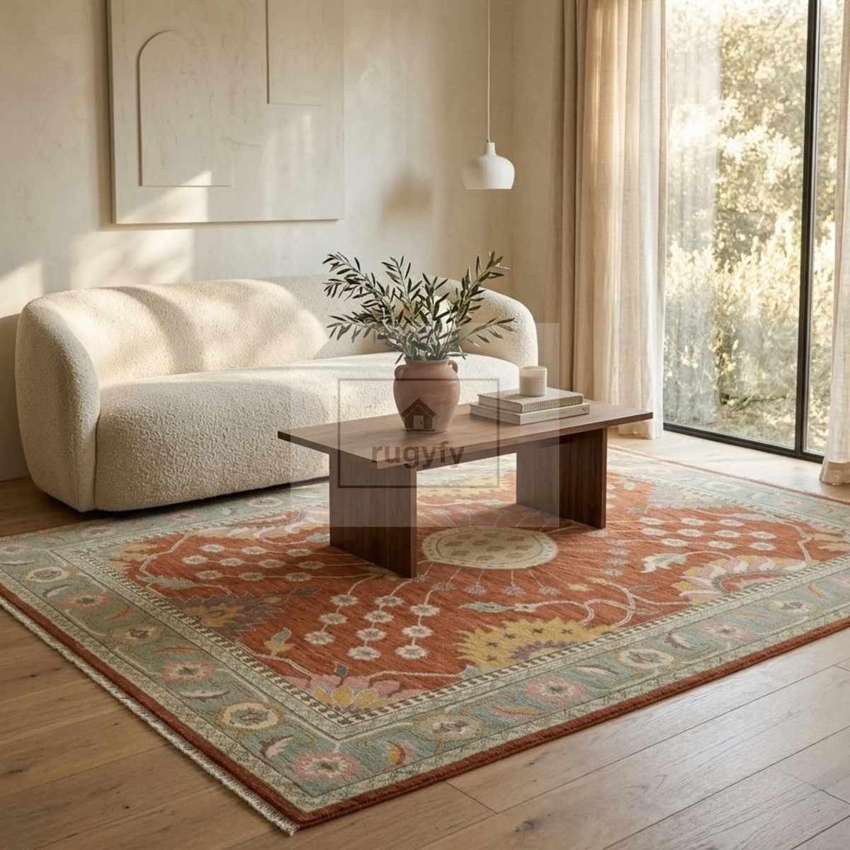 Rust & Sage Blue Vintage Oushak Area Rug | 9x12 10x14 ft Hand-Knotted Wool | Living Room Dining Room