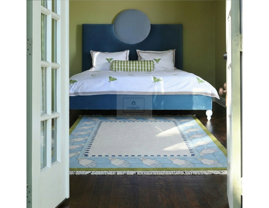 Sky Blue & Olive Green Oushak Area Rug | 5x8 8x10 9x12 ft Hand-Knotted Wool | Living Room Bedroom Turkish Rug