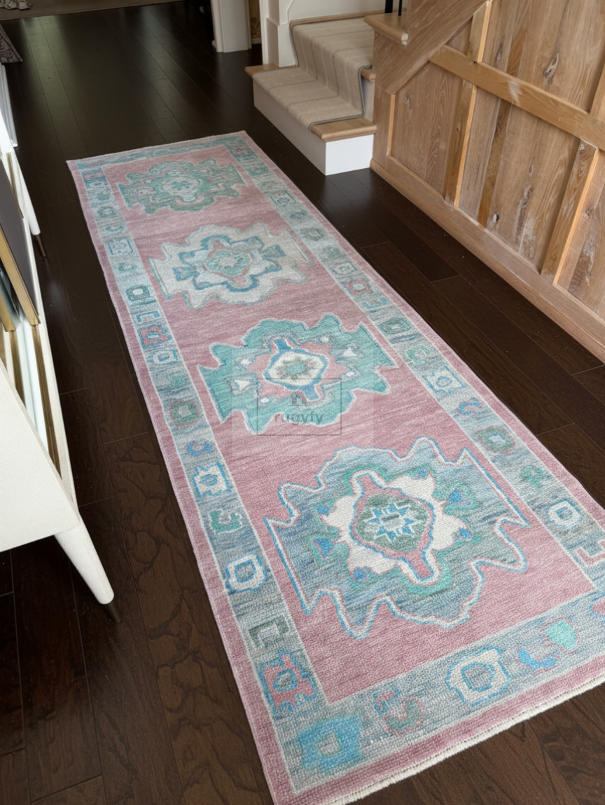 Blush & Teal Oushak Rug | 9x12 & 10x14 ft | Hand-Knotted Wool Geometric | Living Room & Dining Room