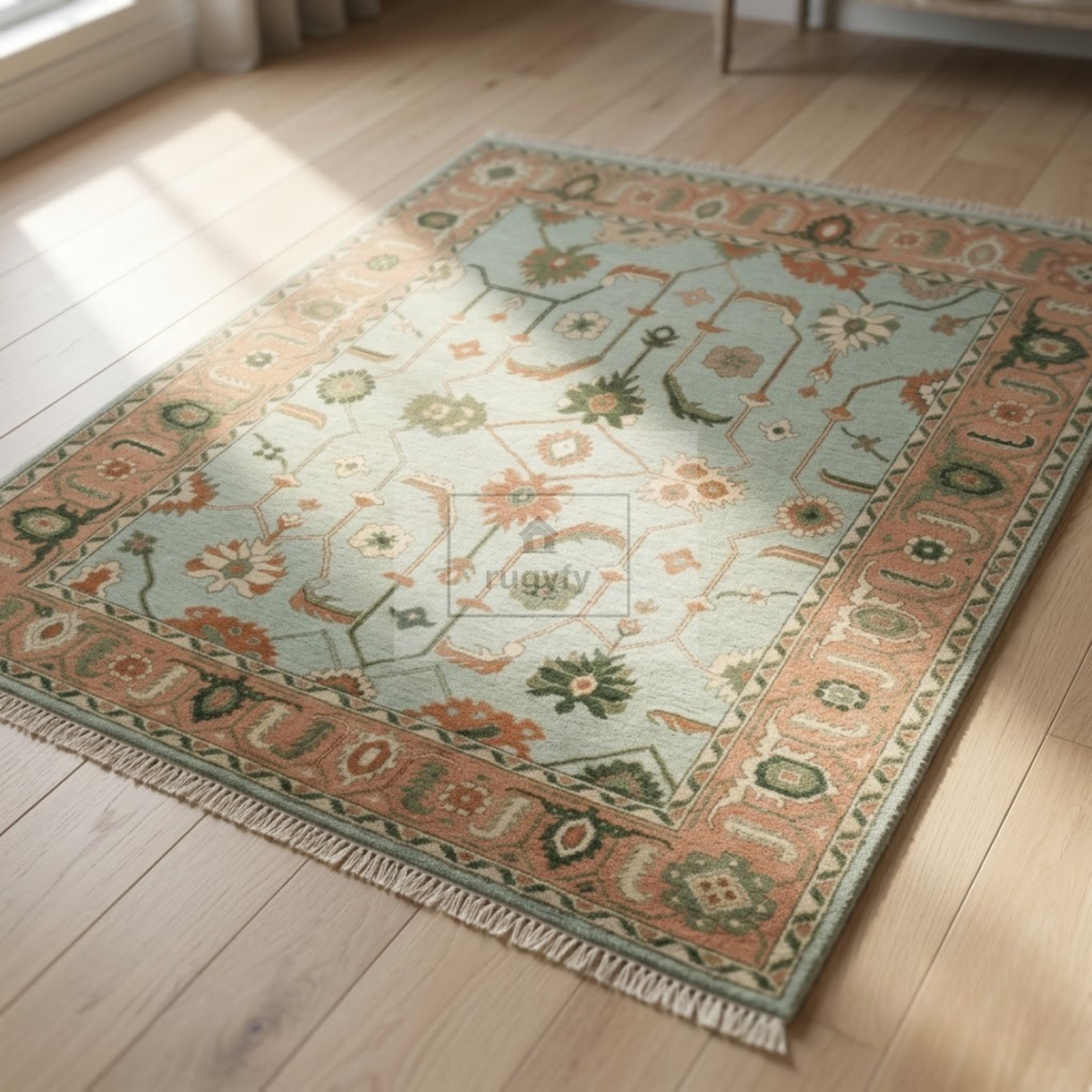 Seafoam Aqua & Coral Sultanabad Oushak Rug | Hand-Knotted Wool 8x10 9x12 | Mint & Peach Palmette Rug
