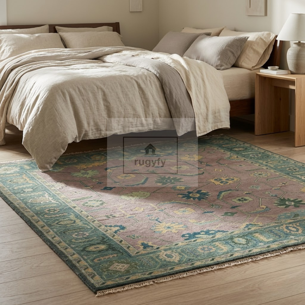 Dusty Mauve & Teal Green Sultanabad Oushak Rug | Hand-Knotted Wool 8x10 9x12 | Plum Rose Dining Room Rug