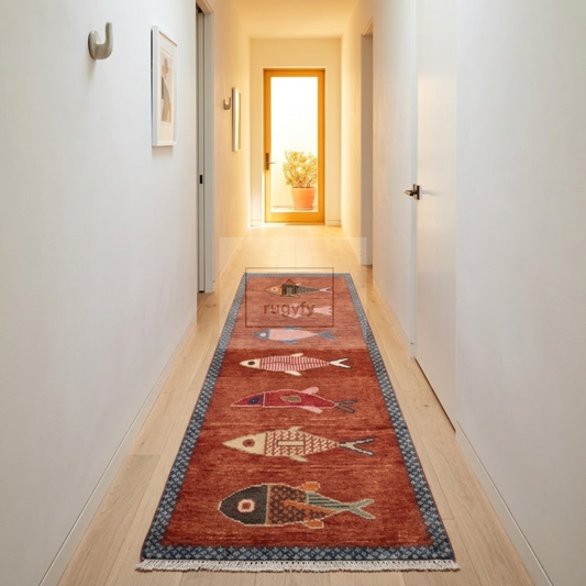 Terracotta Fish Motif Hand-Knotted Wool Rug | 2026's Trending Rust Pictorial Rug for Living Room