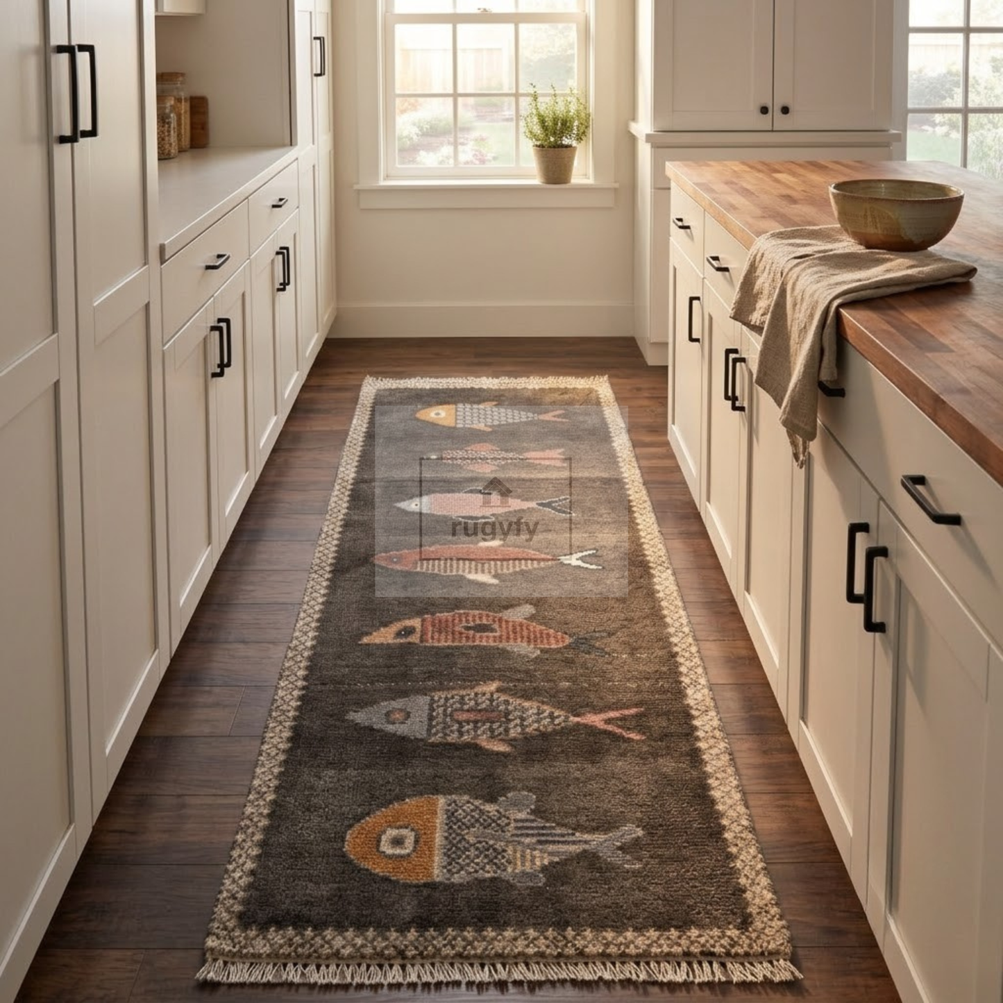 Charcoal Fish Motif Hand-Knotted Wool Rug | Moody Neutral Pictorial Rug for Hallway & Entryway