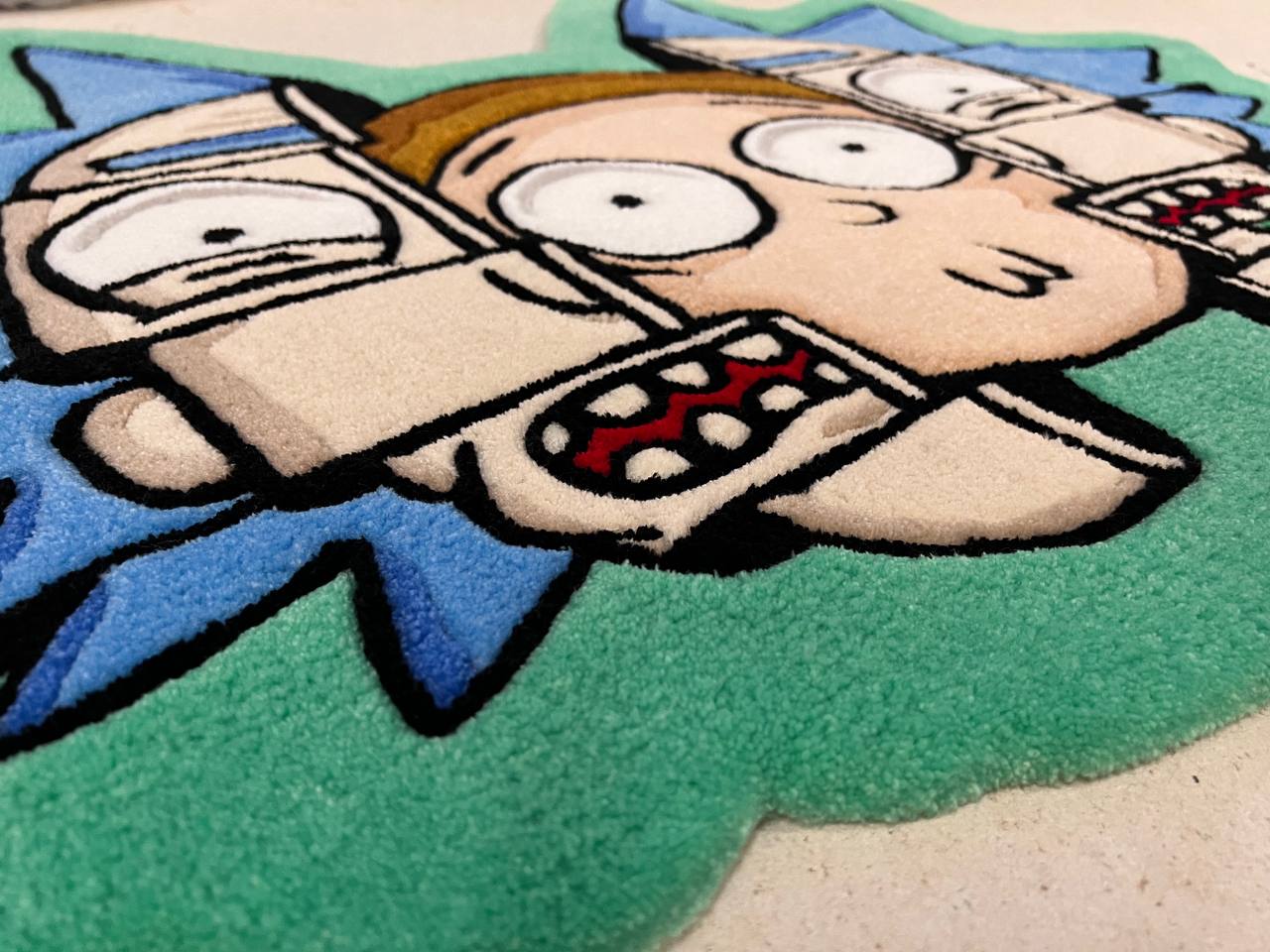 Handgefertigter, maßgeschneiderter Rick and Morty Tufted Rug / handgetufteter Wollteppich