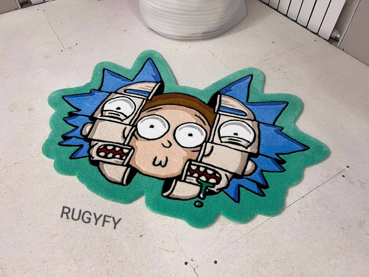 Handgefertigter, maßgeschneiderter Rick and Morty Tufted Rug / handgetufteter Wollteppich