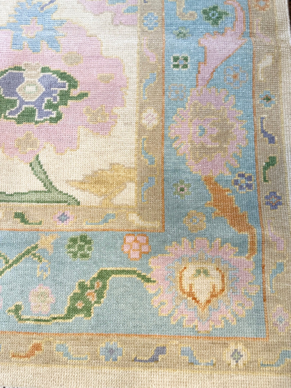 Handmade Wool Oushak Rug – Turkish Pastel Floral Carpet, Vintage Area Rug for Living Room & Bedroom