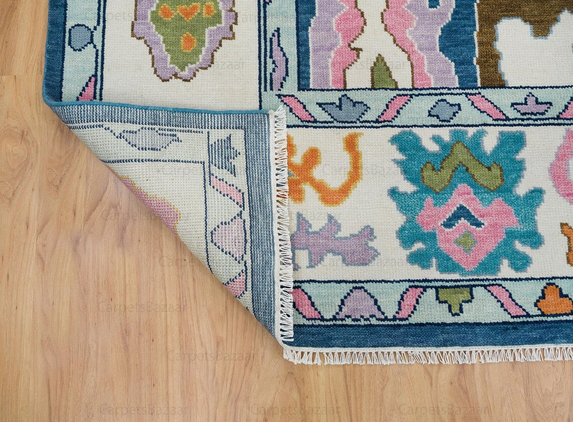 Handmade Faded Blue and Pearl White Contemporary Oushak Rug | Pink Accent Modern Turkish Rug | Living Room Hand knotted Rug