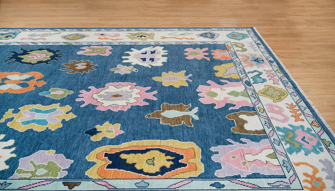 Handmade Faded Blue and Pearl White Contemporary Oushak Rug | Pink Accent Modern Turkish Rug | Living Room Hand knotted Rug