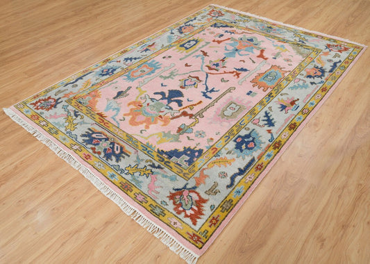 6' X 9' Handmade Farm house Rug | Salmon Pink and Navy Accent Rug | New Modern Turkish Wool Rug