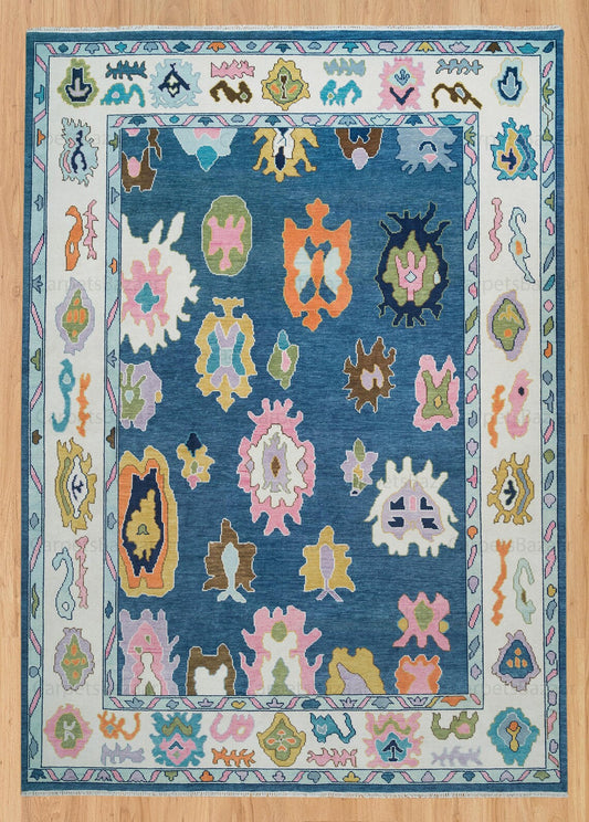 Handmade Faded Blue and Pearl White Contemporary Oushak Rug | Pink Accent Modern Turkish Rug | Living Room Hand knotted Rug