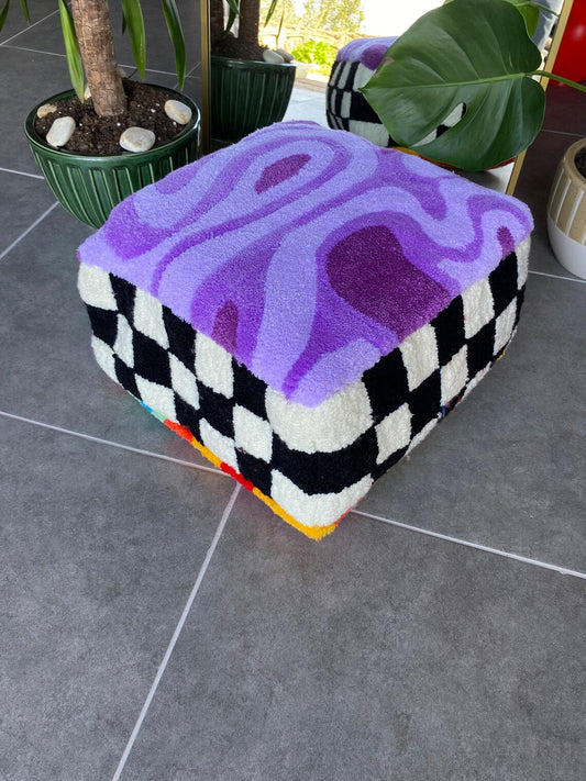 Rainbow Checkered Tufted Lilac Fluffy Ottoman Pouf Cover (Unstuffed) / Moroccan Pouf / Bohemian / Lsd Tufted Rug Pouf / %100 Handmade
