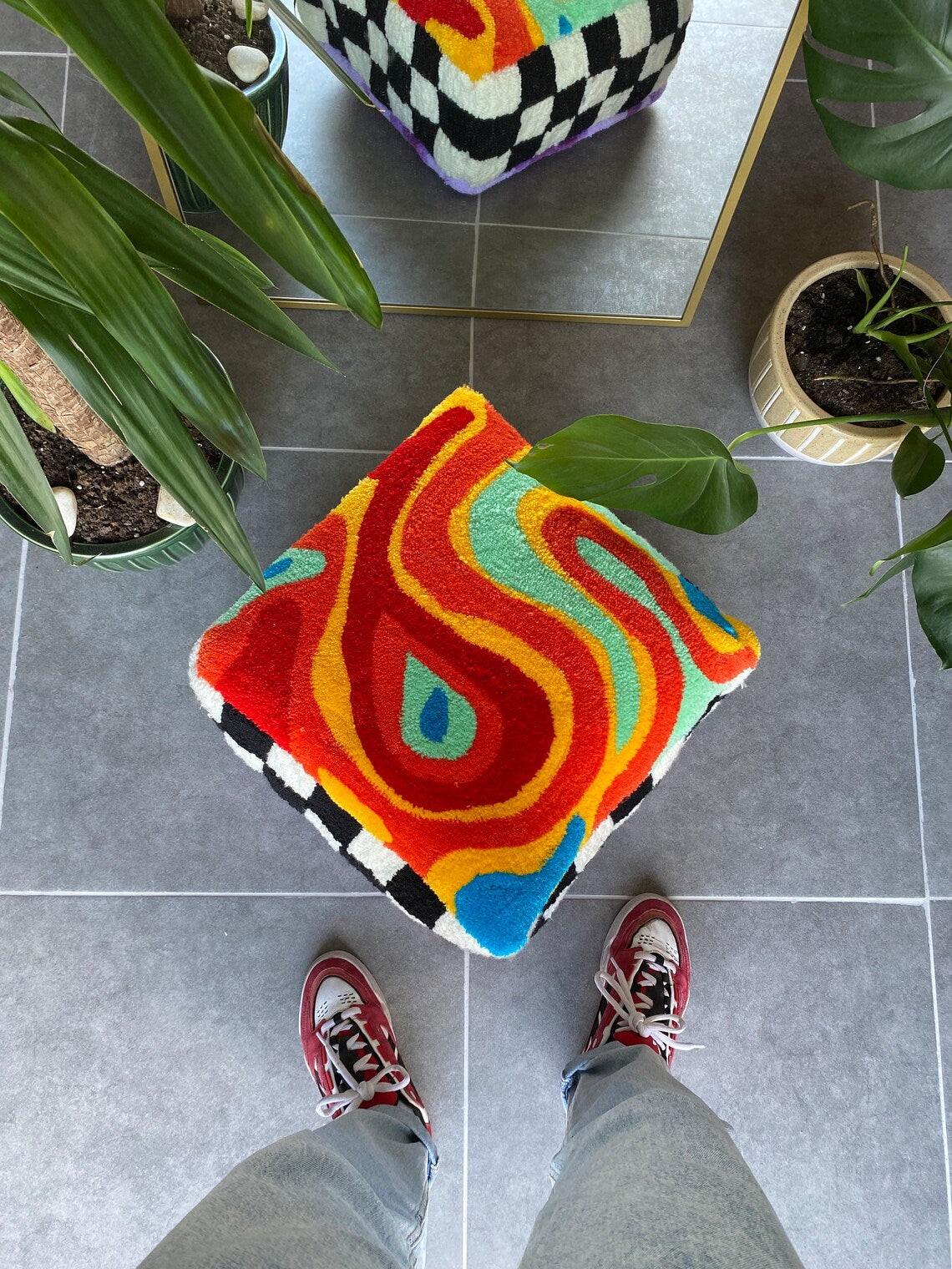 Rainbow Checkered Tufted Lilac Fluffy Ottoman Pouf Cover (Unstuffed) / Moroccan Pouf / Bohemian / Lsd Tufted Rug Pouf / %100 Handmade