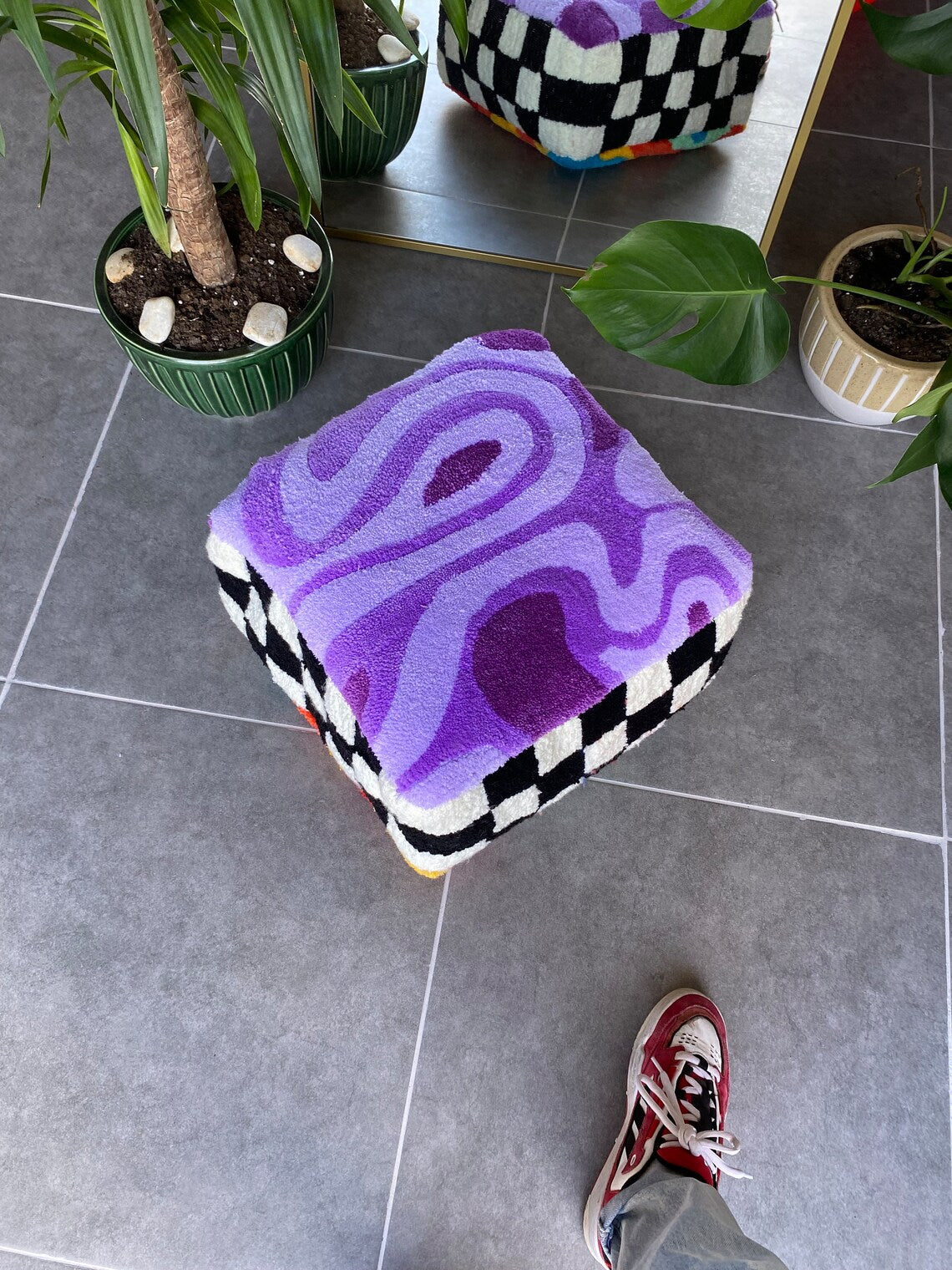 Rainbow Checkered Tufted Lilac Fluffy Ottoman Pouf Cover (Unstuffed) / Moroccan Pouf / Bohemian / Lsd Tufted Rug Pouf / %100 Handmade