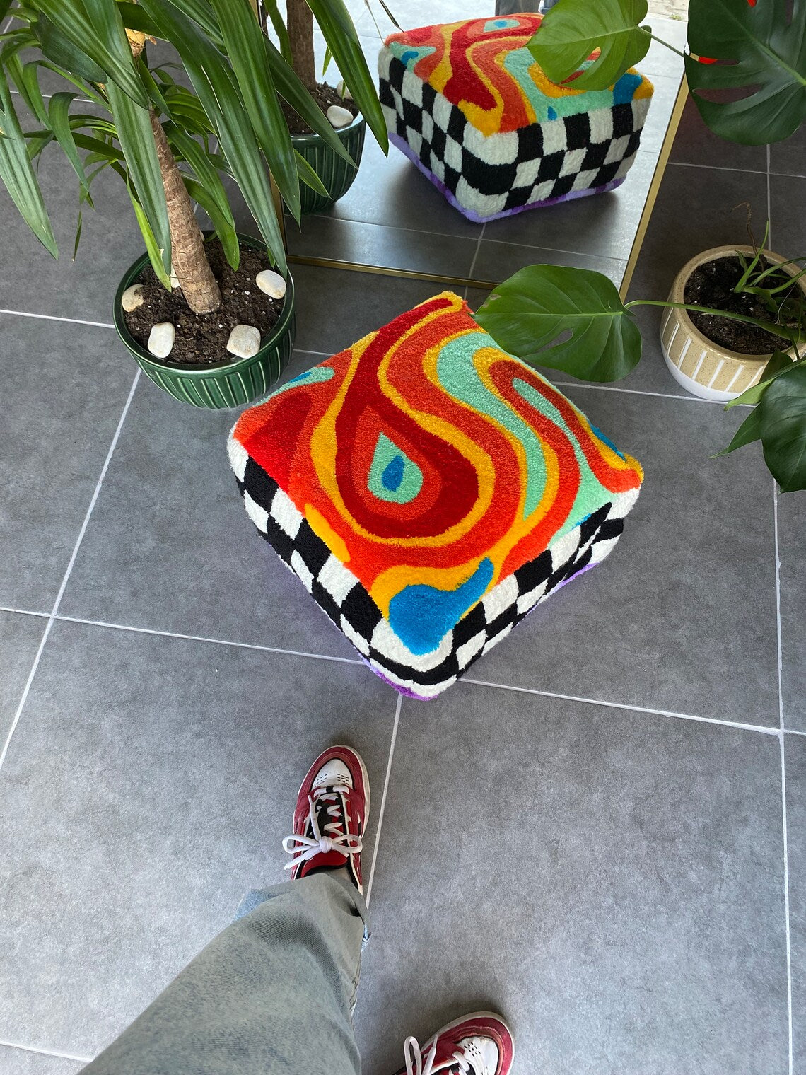 Rainbow Checkered Tufted Lilac Fluffy Ottoman Pouf Cover (Unstuffed) / Moroccan Pouf / Bohemian / Lsd Tufted Rug Pouf / %100 Handmade