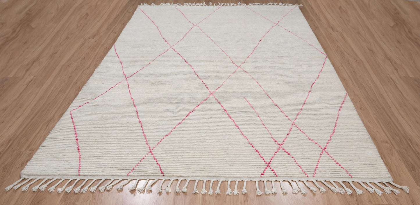 White Moroccan Rug, 9X12 Handmade Area Rug, Large Wool Rug For Living Room, Boho Rug With Pink Accents, Full Pile Bedroom Berber Rug
