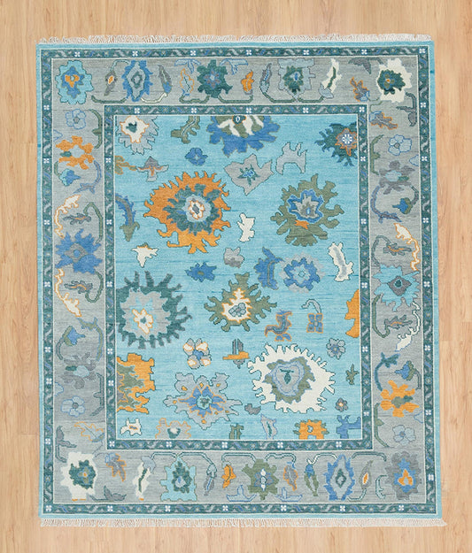 Contemporary Oushak Rug In Blue & Gray, Orange Accent Turkish Rug, Modern Area Rug In Green And White: Happy Noon Wool Rug