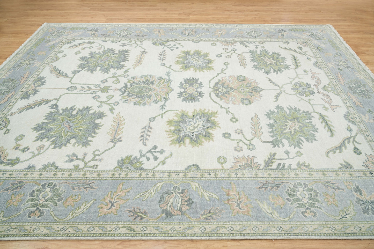 Cream and Silver Area Rug, Oushak Rug In Green Accents, Ivory Rug For Living Room, Hand-knotted Muted Rug: The Fern Wool Rug