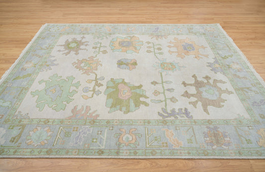 Beige Area Rug, Faded Gray Oushak Rug, Hand-Knotted Multicolored Rug, Muted Green & Peach Large Turkish Rug: Misty Morning Wool Rug