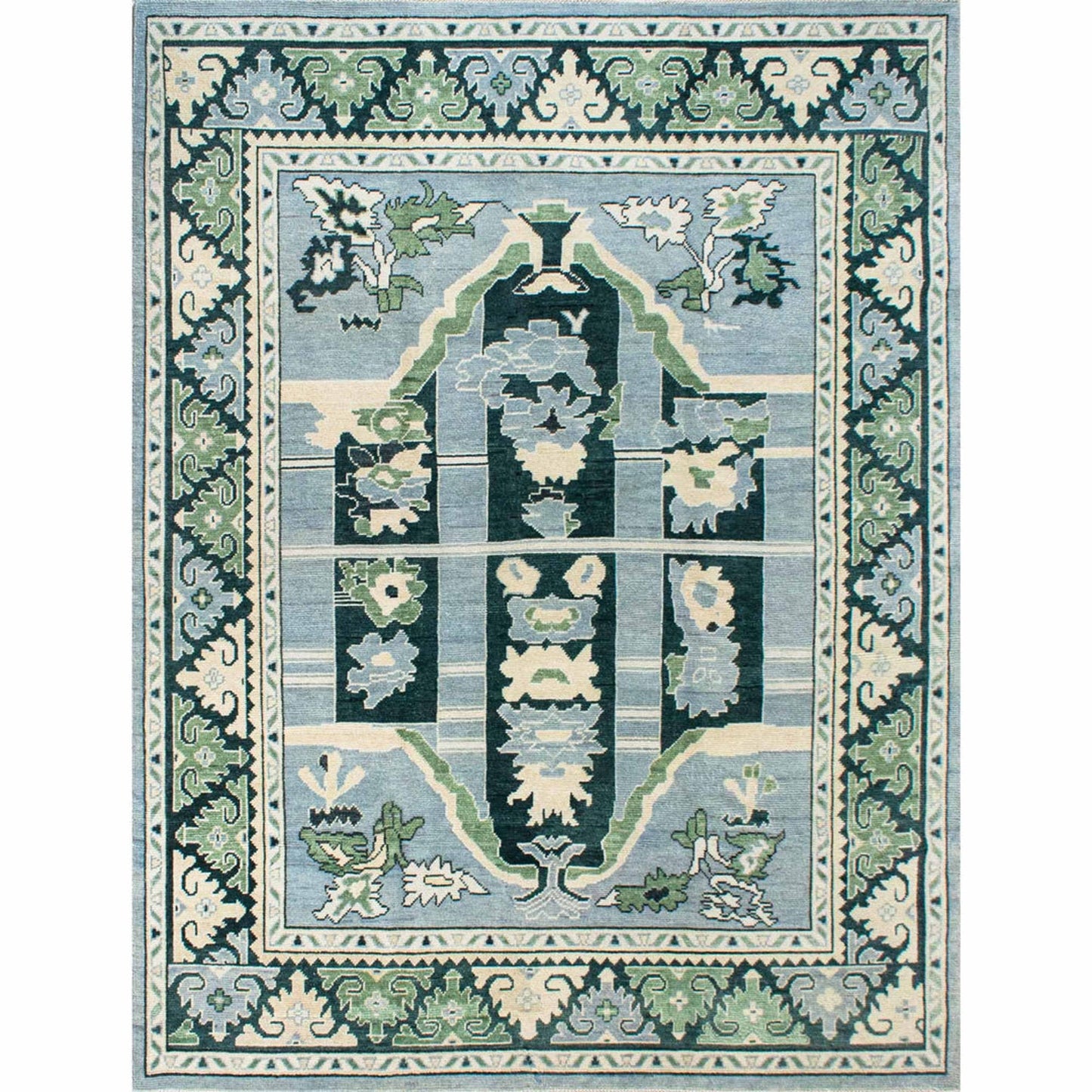 9'X12' Blue And Green Oushak Rug With Neutral Base: Palm Beach Chic Area Rug