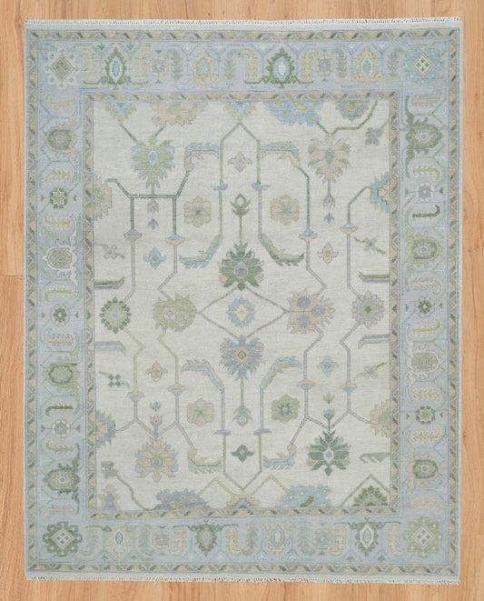Cream Area Rug, Blue-Green Modern Oushak Rug, Muted Turkish Rug, Handknotted Rug For Nursery & Bedroom: Endless Summer Wool Rug