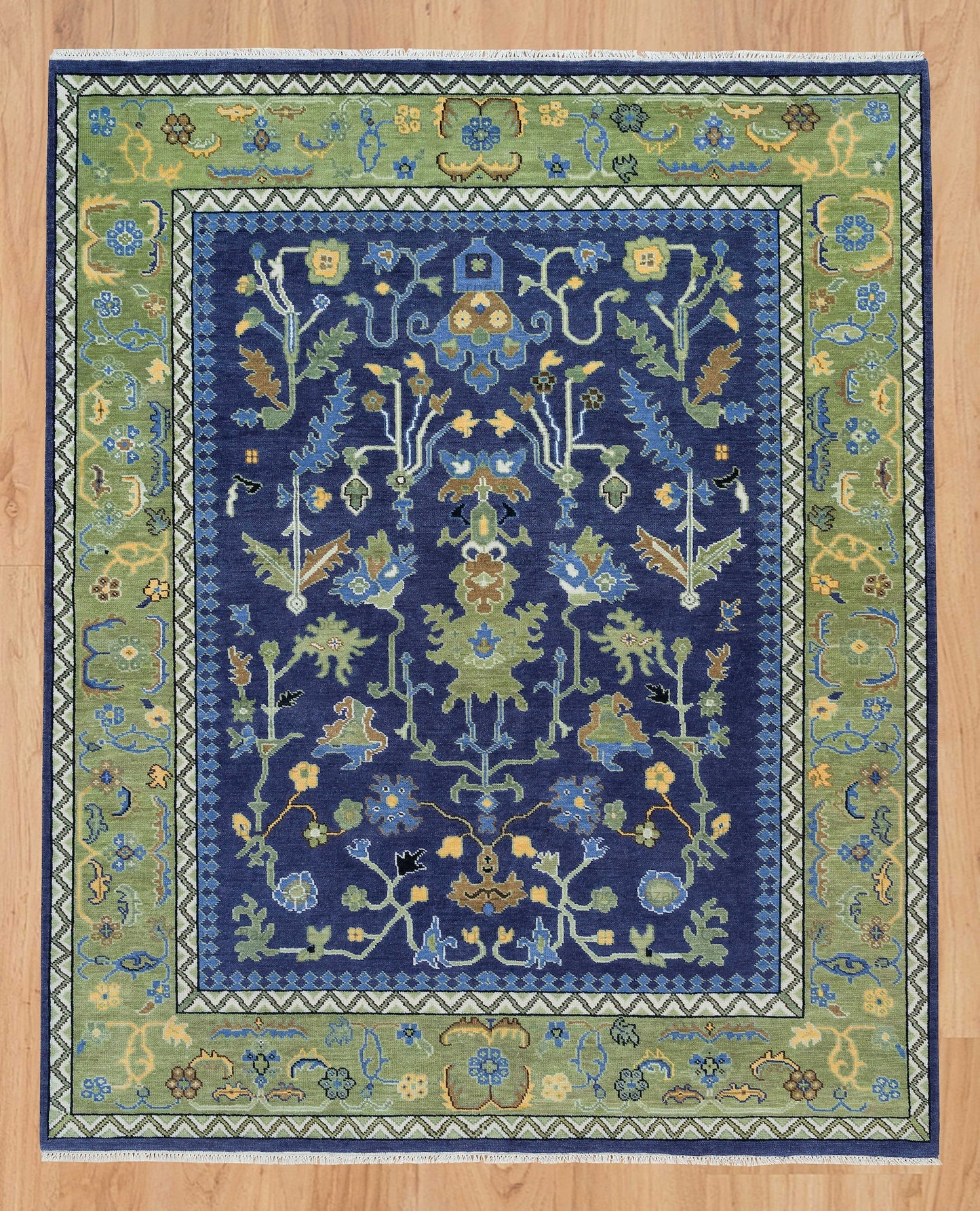 Navy Blue Oushak Rug With Green Border, Brown Gold Colorful Rug, Modern Turkish Handknotted Wool Rug: Under the Olive Tree Area Rug