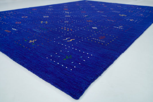 Elegance in Cobalt: Handmade Ivory Pattern Indian Wool Gabbeh Rug