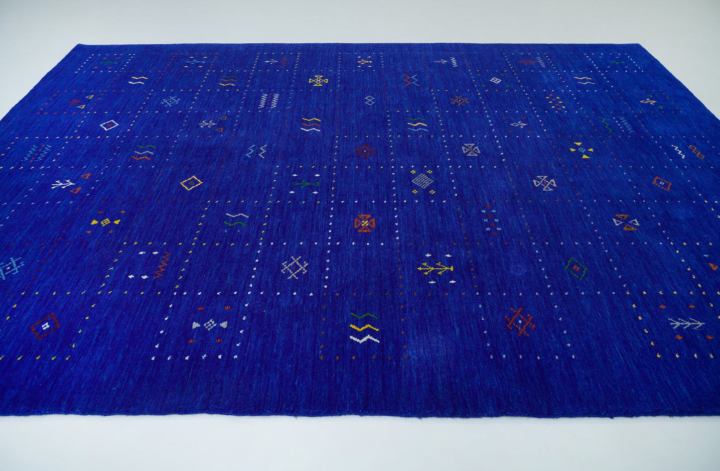 Elegance in Cobalt: Handmade Ivory Pattern Indian Wool Gabbeh Rug