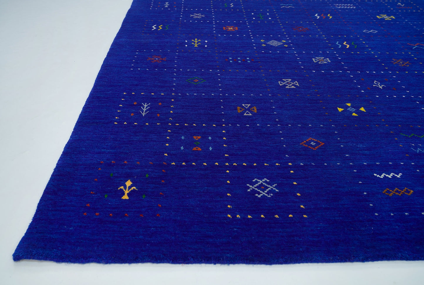 Elegance in Cobalt: Handmade Ivory Pattern Indian Wool Gabbeh Rug