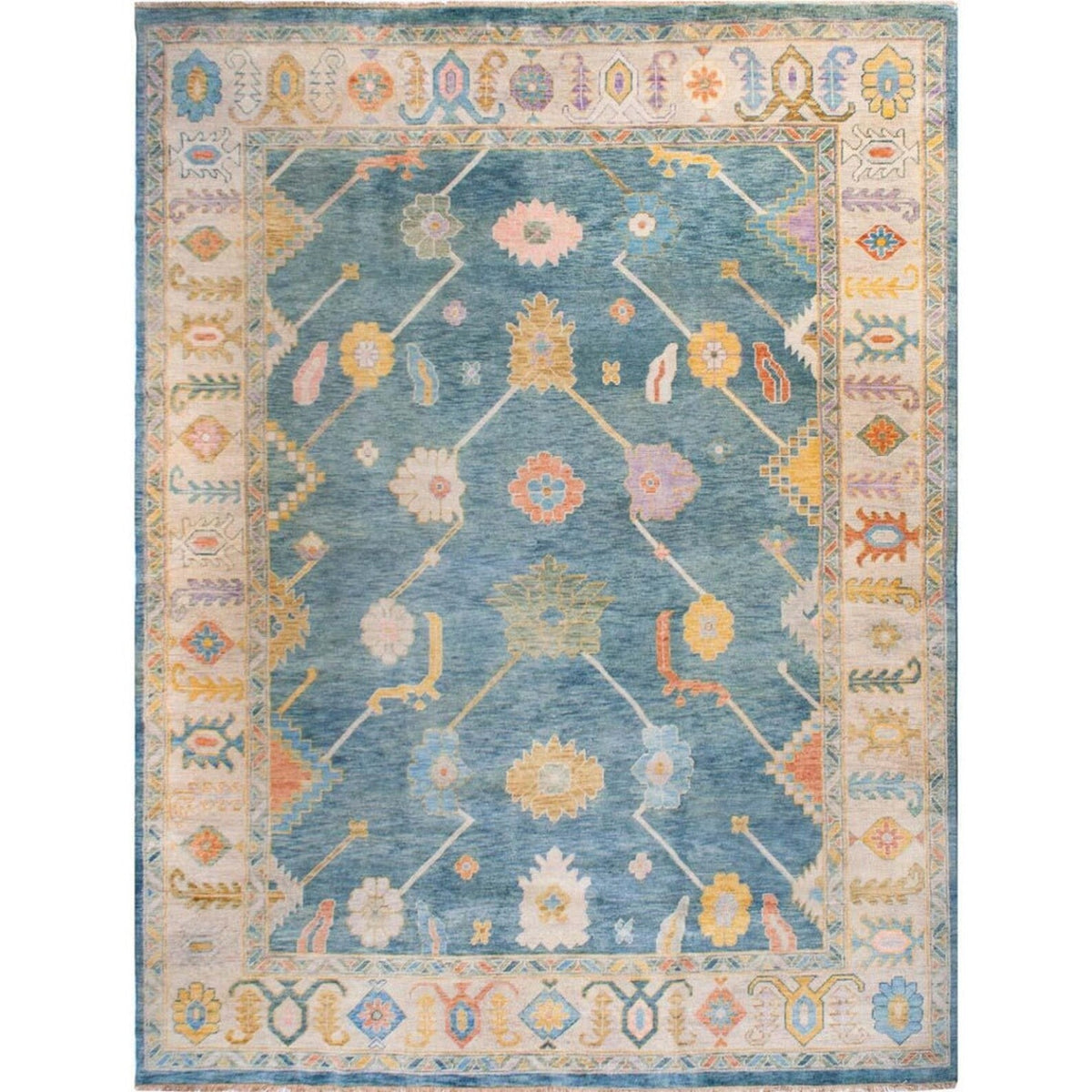 Denim Blue & Ivory Floral Oushak Rug | Hand-Knotted Wool Area Rug | Dining Room & Living Room 9x12