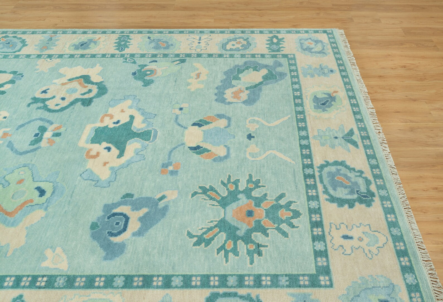 8'x10' Modern Oushak Rug Turquoise Blue Turkish Rug With Beige Border, Hand knotted Wool Aqua Rug For Nursery& Bedroom