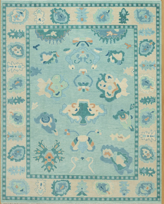 8'x10' Modern Oushak Rug Turquoise Blue Turkish Rug With Beige Border, Hand knotted Wool Aqua Rug For Nursery& Bedroom
