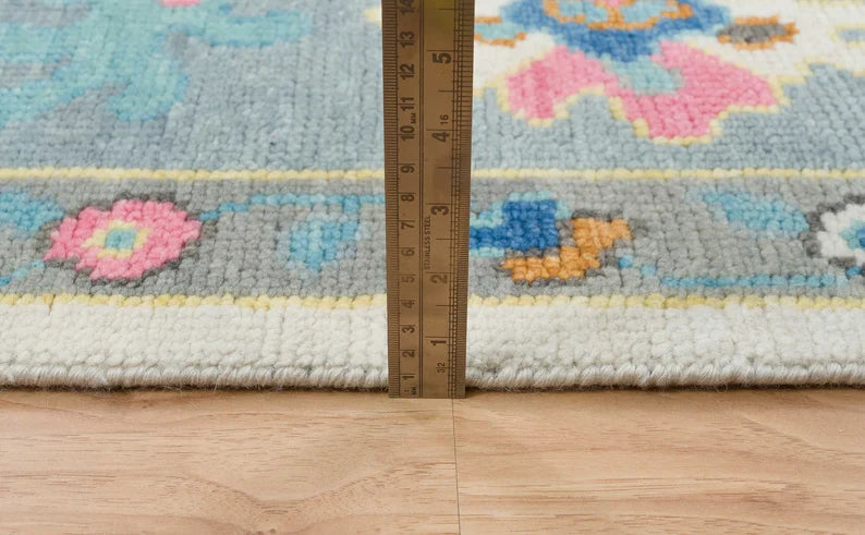 6X9 Blue Oushak Rug For Nursery, Navy Coral Wool Rug With Charcoal Accents, Quick Ship Modern Turkish Rug: Pink-n-Blue Area Rug