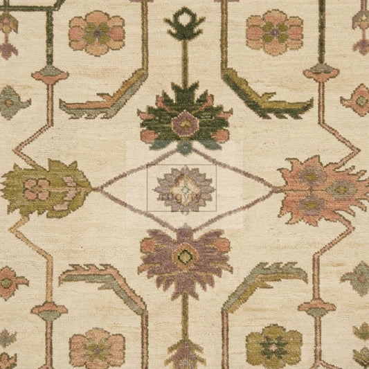Ivory and blush pink Sultanabad Oushak rug hand-knotted in New Zealand wool with olive green palmettes and lavender rosettes - RUGYFY