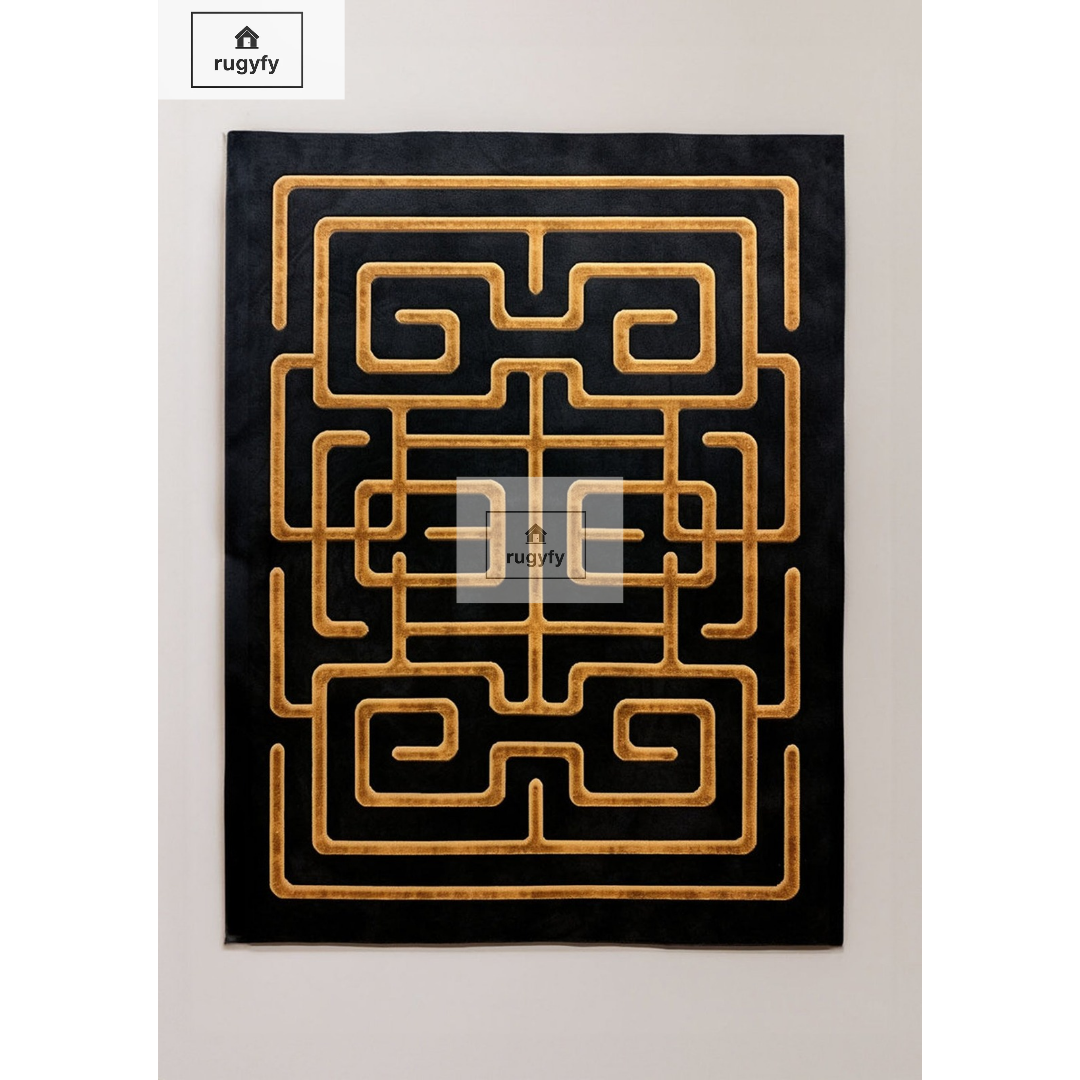 Black & Gold Geometric Maze Rug | Hand-Tufted Modern Area Rug | Living Room & Office 5x8 8x10