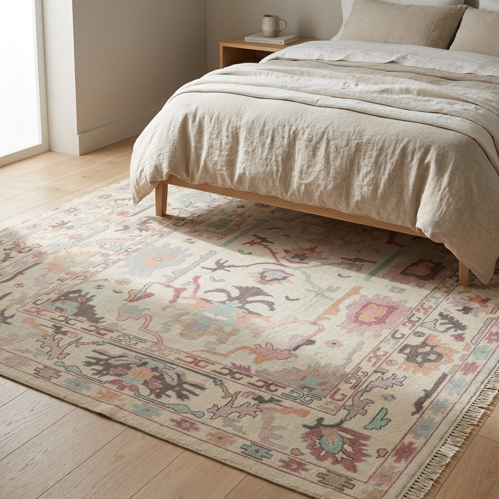 Ivory & Blush Hand-Knotted Wool Rug | Pastel Oushak Botanical Area Rug for Living Room