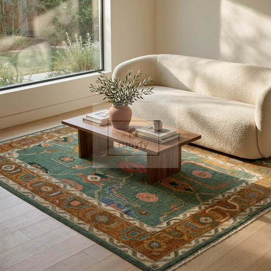 Teal & Amber Hand-Knotted Wool Oushak Rug | Scattered Floral Anatolian Area Rug for Living Room