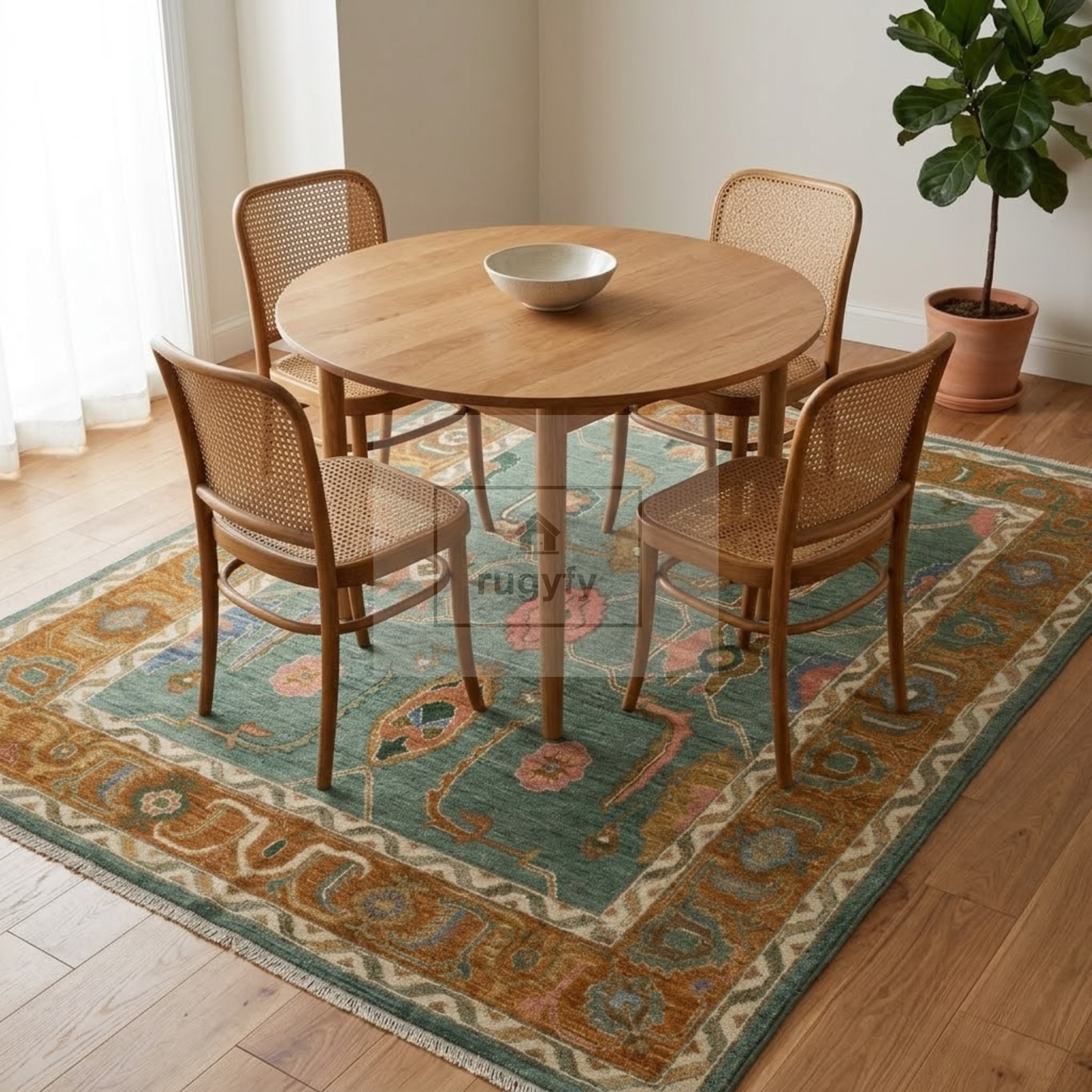 Teal & Amber Hand-Knotted Wool Oushak Rug | Scattered Floral Anatolian Area Rug for Living Room
