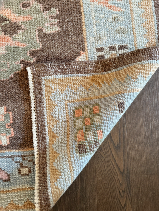 Mocha & Ice Blue Hand-Knotted Wool Oushak Rug | Multi-Colour Floral Anatolian Area Rug for Bedroom